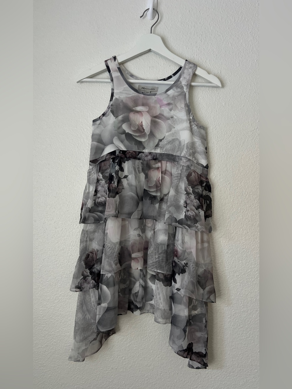 smALLSAINTS by AllSaints Kids Floral Print Ruffle Tiered Dress Gray 9-10Y NWT